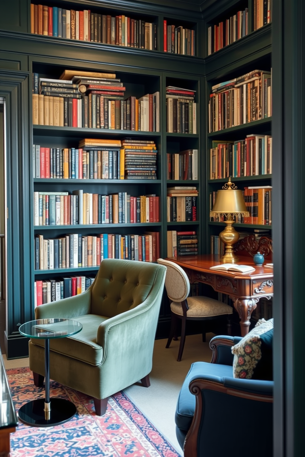 Dark Green Home Library Design Ideas 10