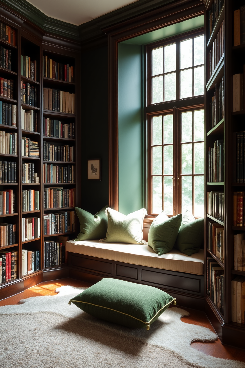 Dark Green Home Library Design Ideas 12