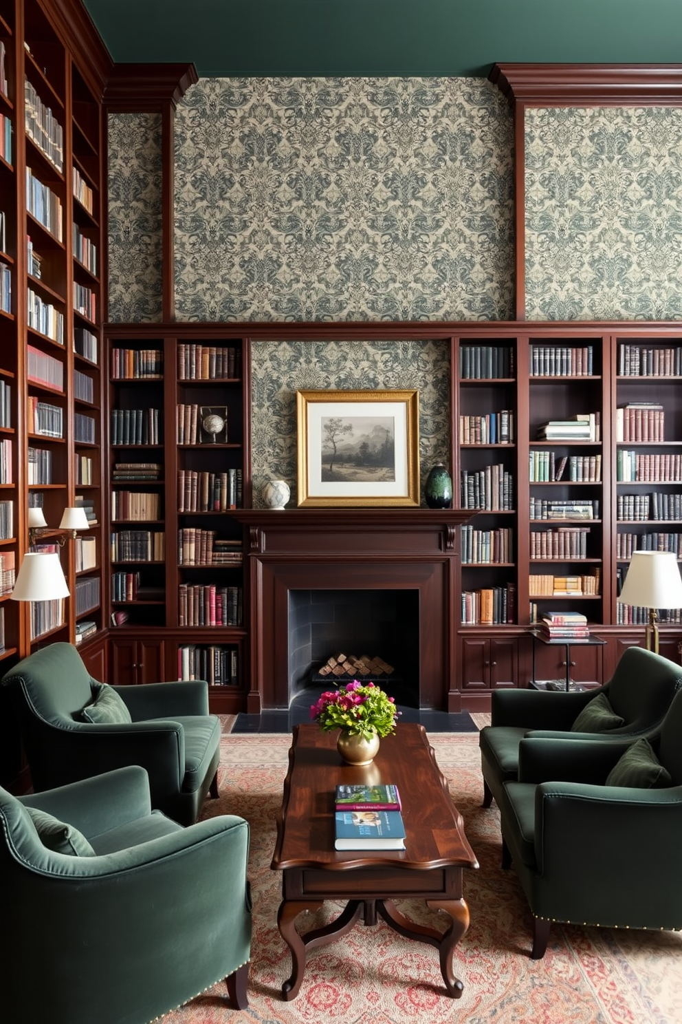 Dark Green Home Library Design Ideas 13