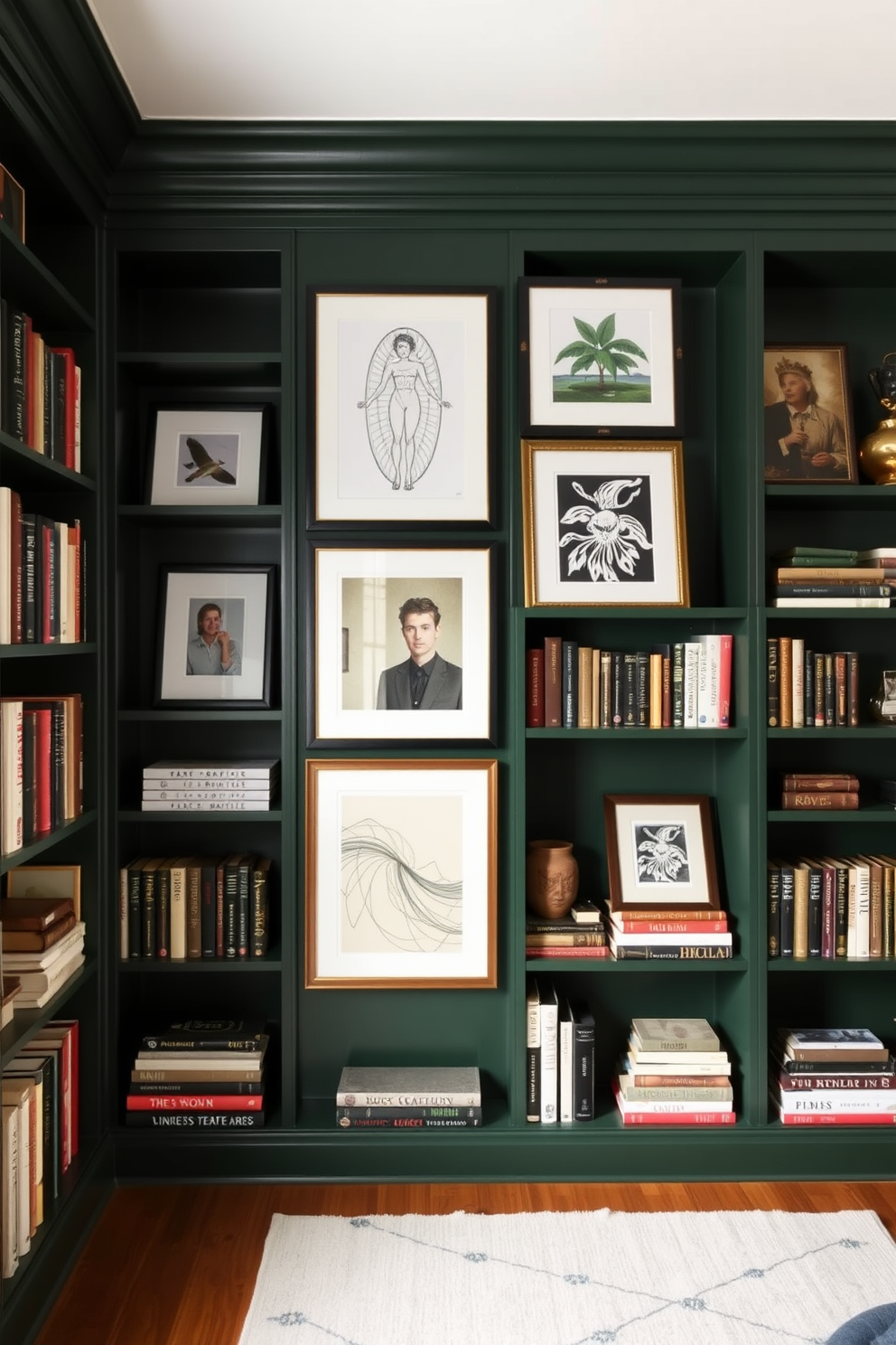 Dark Green Home Library Design Ideas 15