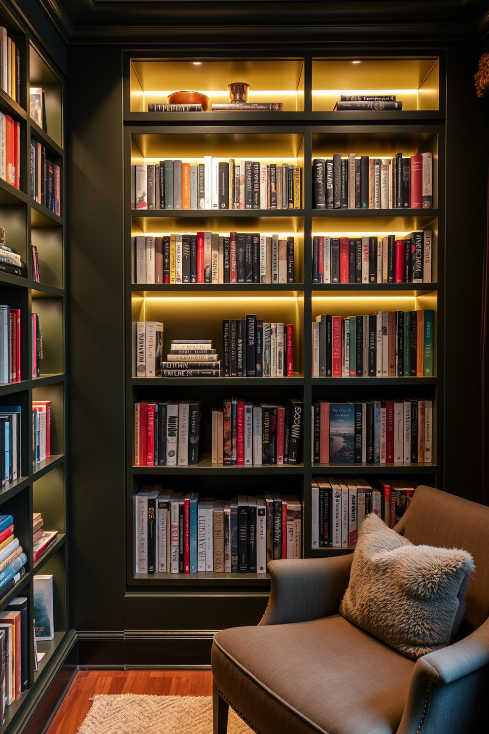 Dark Green Home Library Design Ideas 16