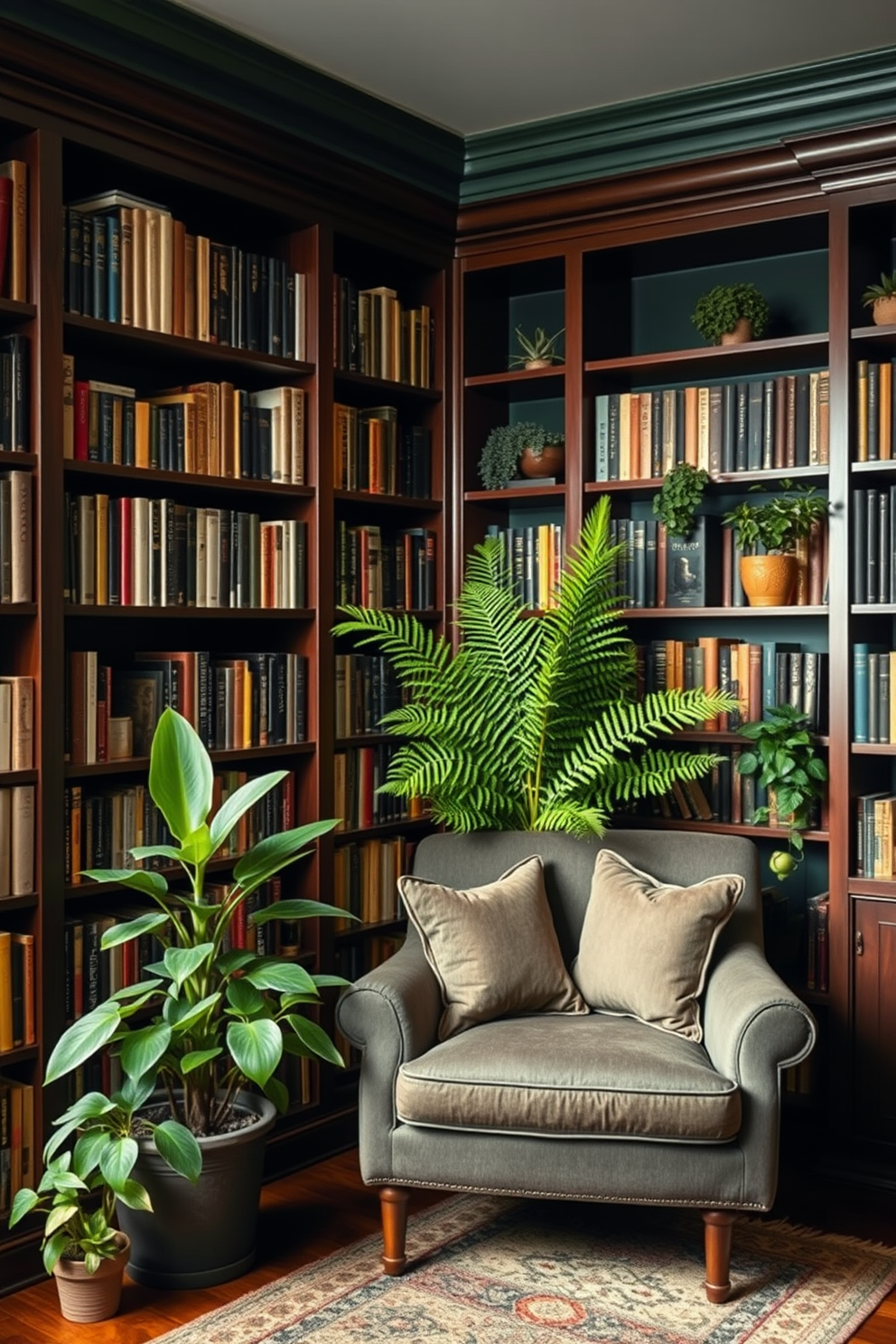 Dark Green Home Library Design Ideas 20