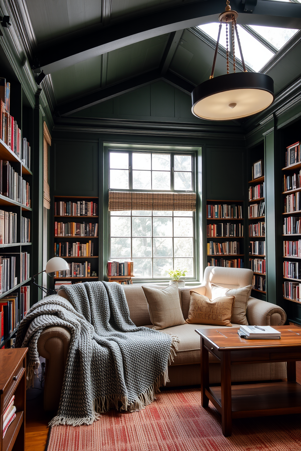 Dark Green Home Library Design Ideas 21