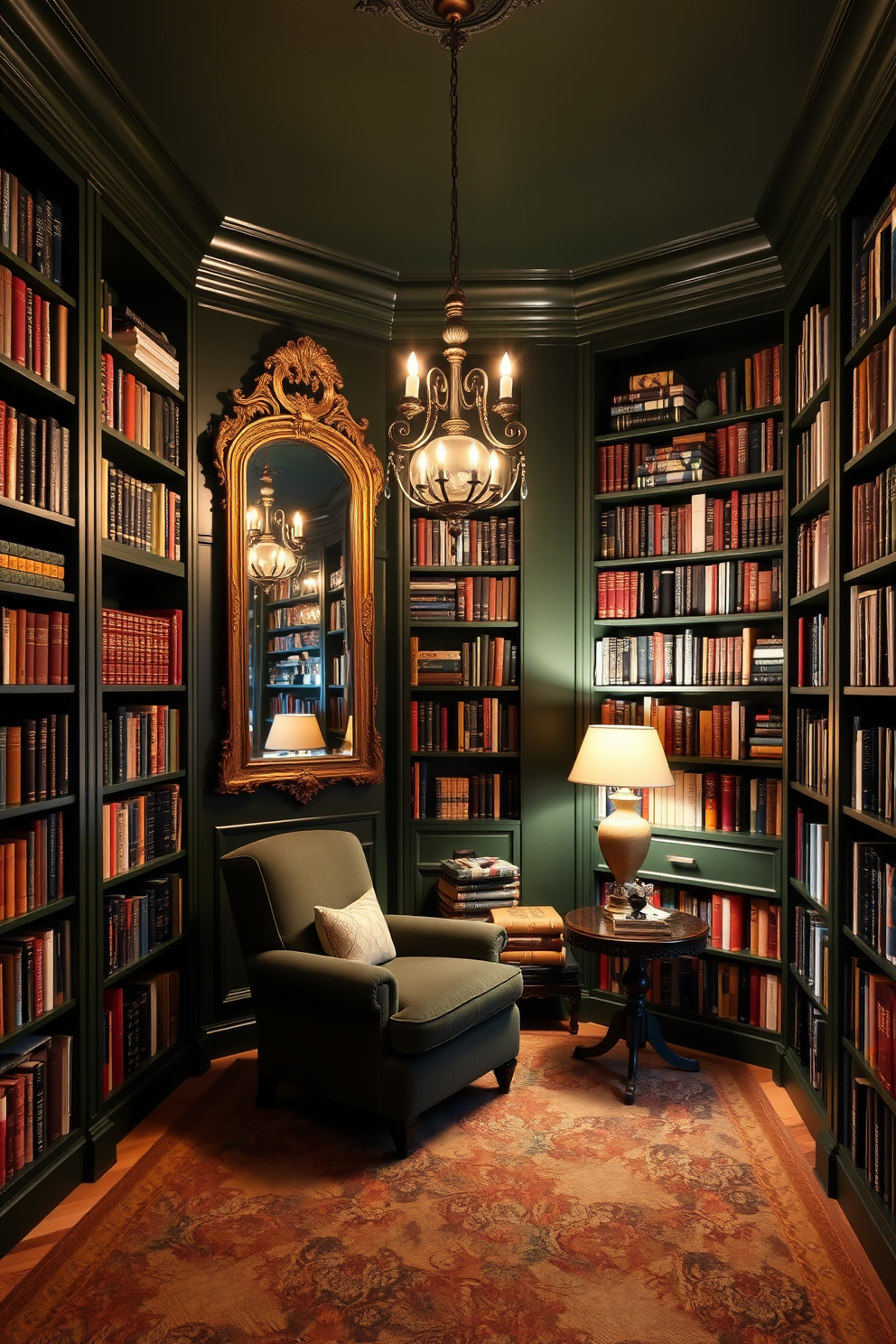 Dark Green Home Library Design Ideas 24