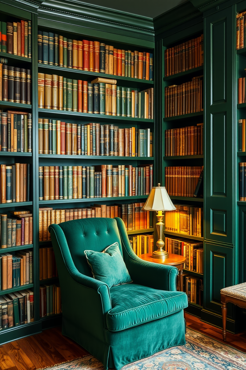 Dark Green Home Library Design Ideas 27