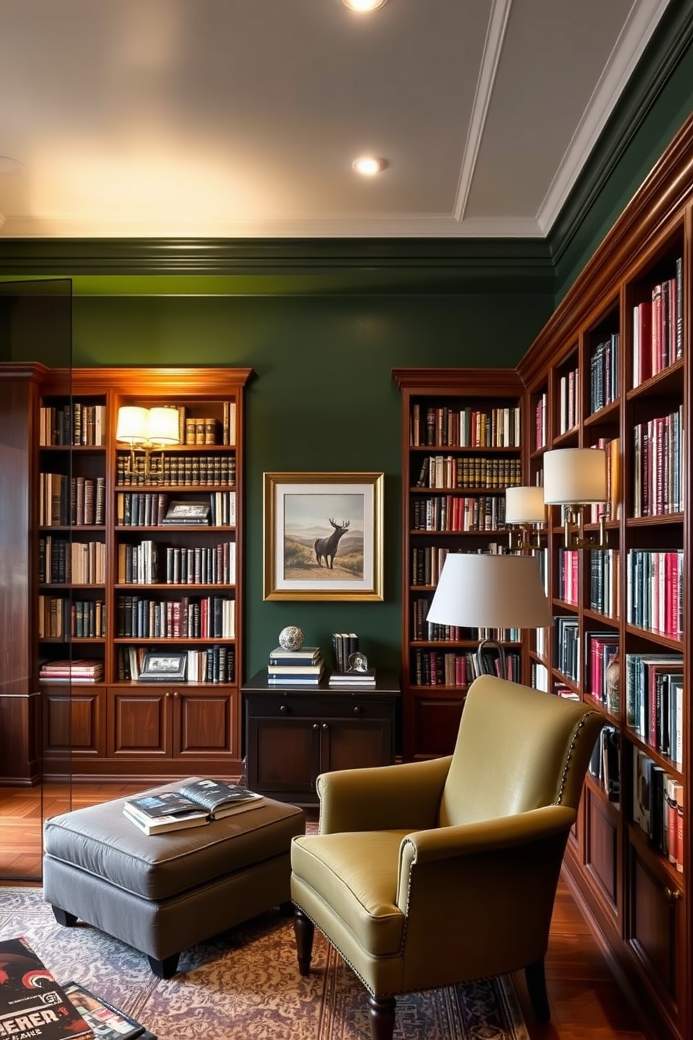 Dark Green Home Library Design Ideas 3