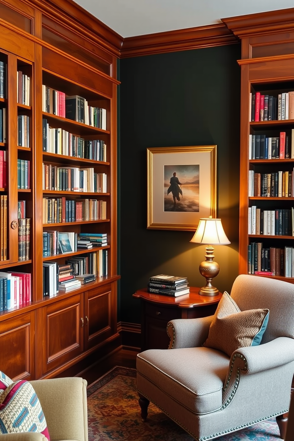 Dark Green Home Library Design Ideas 30