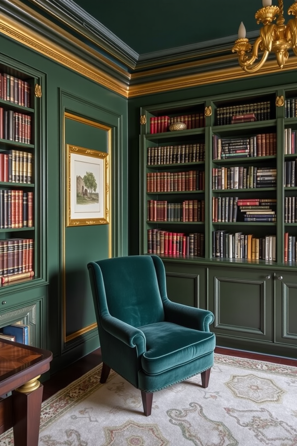 Dark Green Home Library Design Ideas 9